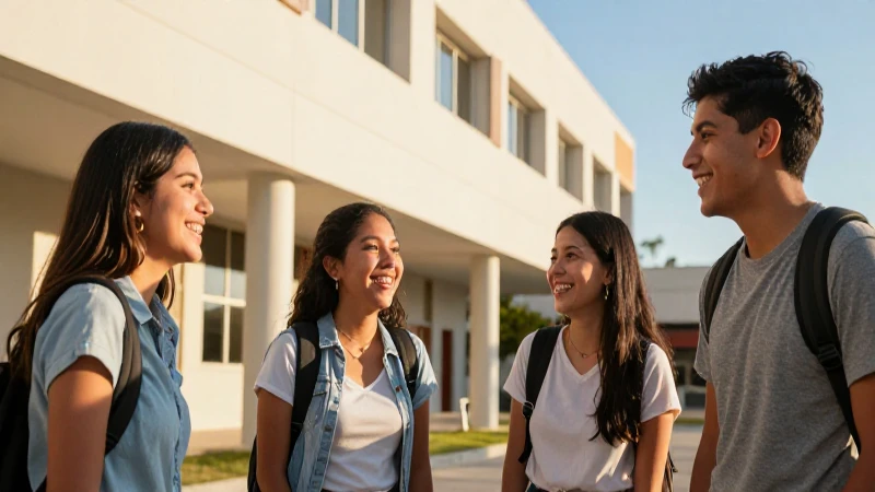 Estudiantes alegres en campus moderno y vibrante