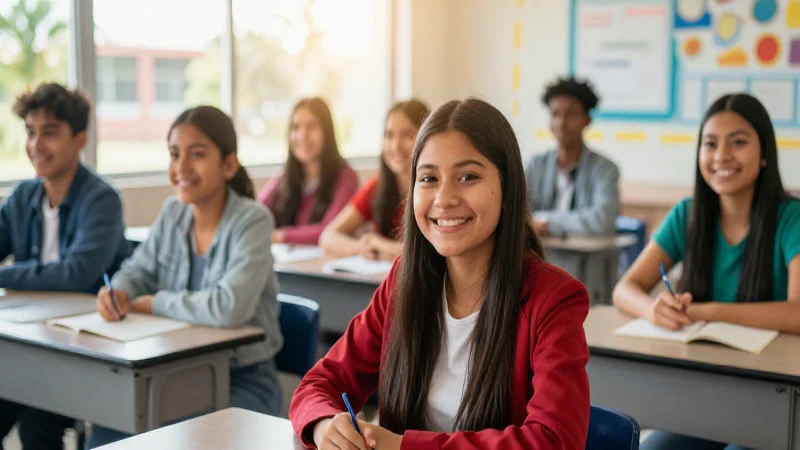 Estudiantes mexicanos sonriendo en un aula moderna y luminosa