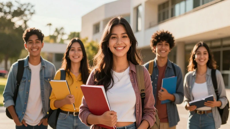 Estudiante mexicano sonriente en campus con iluminación dorada