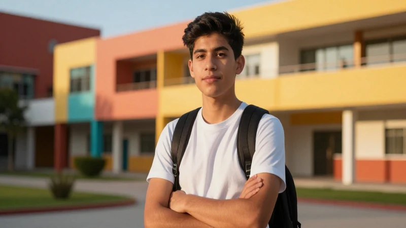 Joven mexicano sonríe en el campus escolar