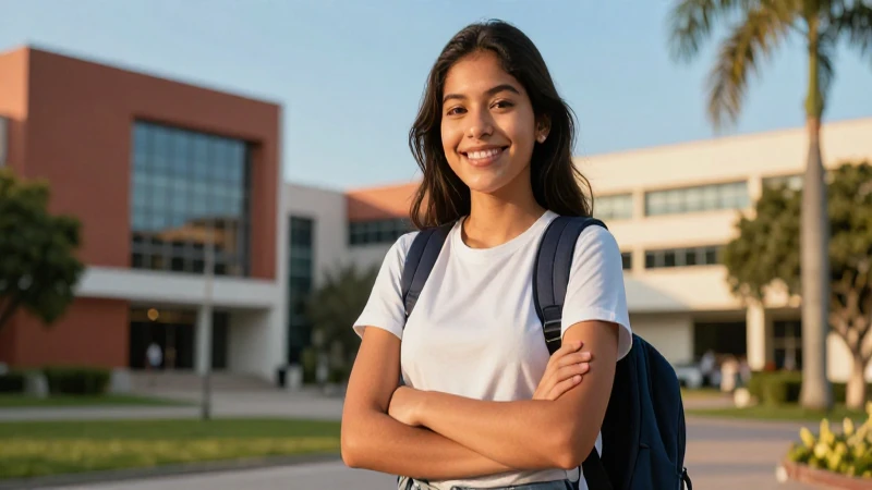 Estudiante mexicano sonriente en campus universitario moderno