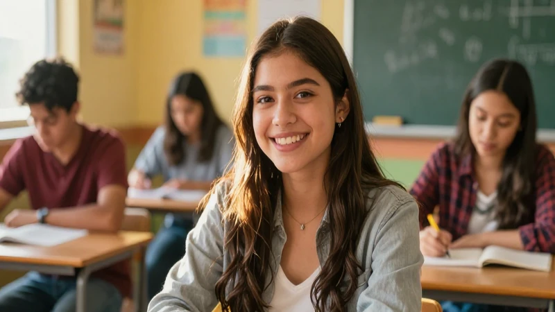 Estudiante mexicano diverso sonríe en un aula moderna