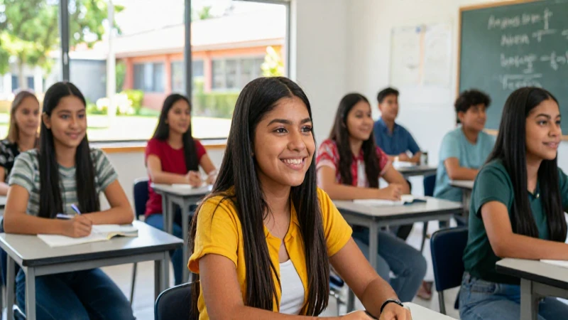 Estudiantes sonriendo en aula moderna iluminada