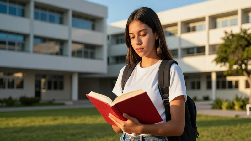 Estudiante mexicano brillante en campus moderno