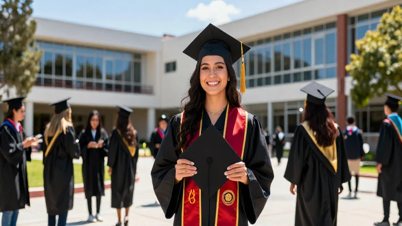 Estudiantes mexicanos celebrando graduación en un campus vibrante
