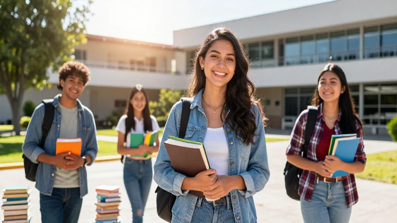 Estudiante mexicana sonriente en campus moderno