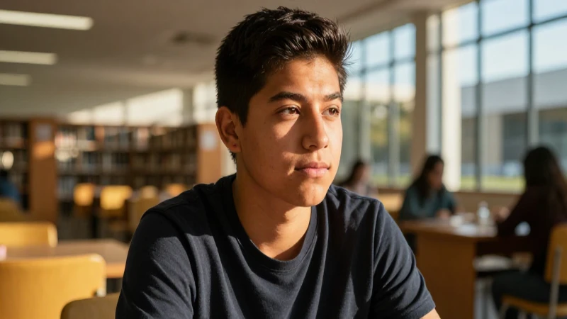 Estudiante mexicano dedicado en biblioteca luminosa