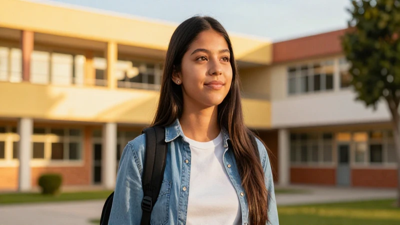 Joven estudiante mexicano sonríen en campus moderno