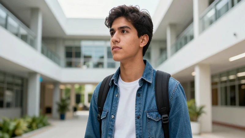 Joven mexicano soñador en campus moderno