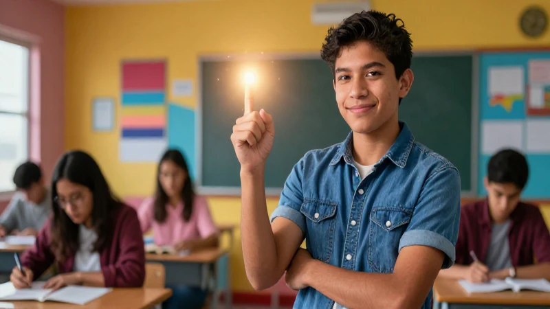 Estudiante mexicano triunfante en aula moderna