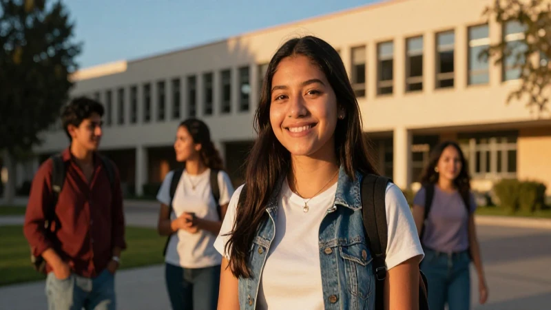 Estudiante mexicana sonriendo en campus moderno