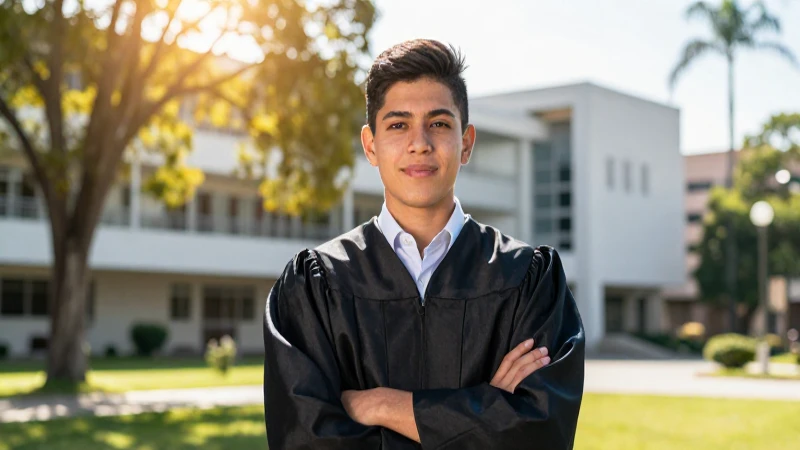 Estudiante mexicano en campus moderno y soleado