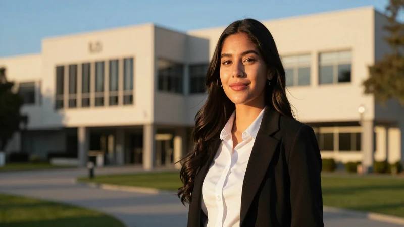 Radiante estudiante mexicana en campus moderno
