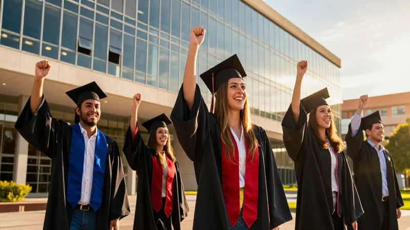 Graduado mexicano triunfante en campus moderno