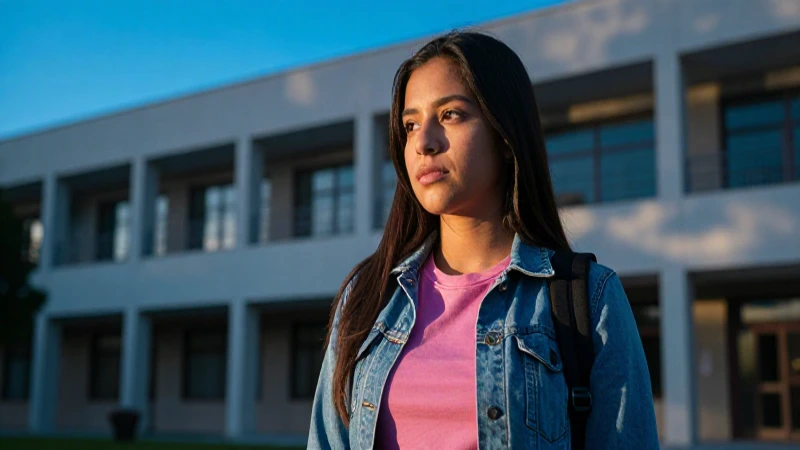 Estudiante mexicana concentrada en campus moderno