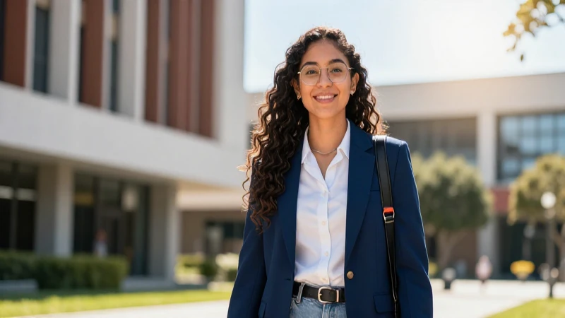 Joven mexicana exitosa en campus moderno