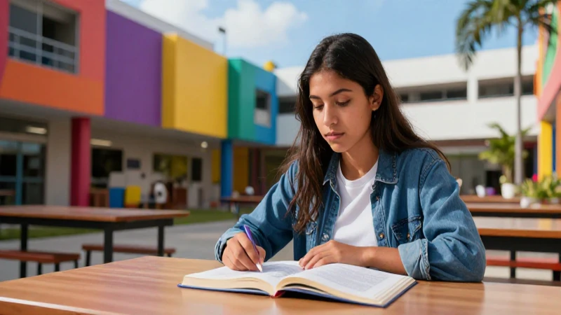 Estudiante mexicano concentrado en campus moderno