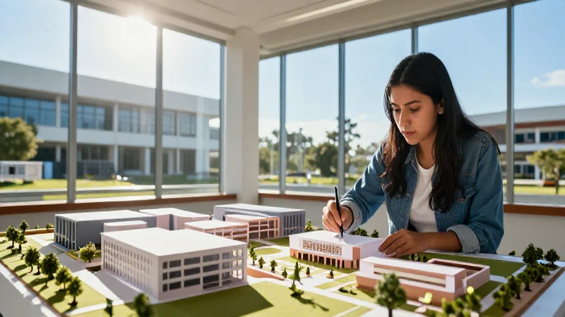 Estudiante de ingeniería modela campus bajo luz brillante