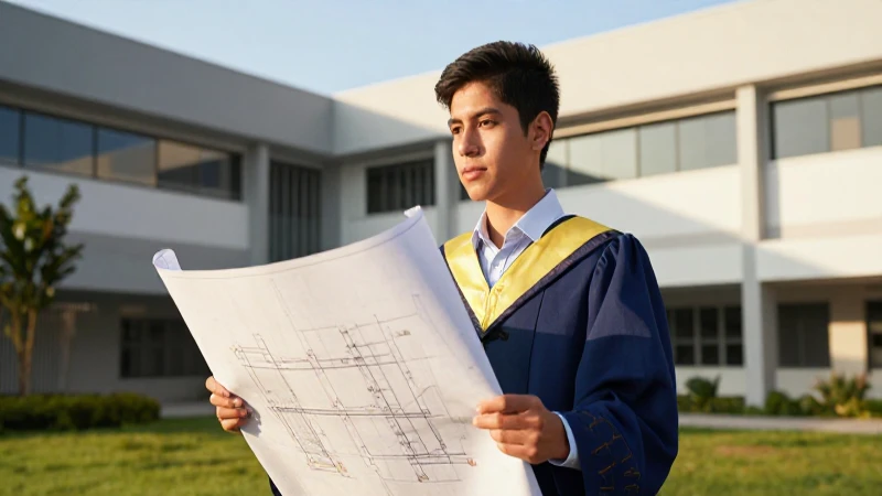 Estudiante de ingeniería mira un plano arquitectónico