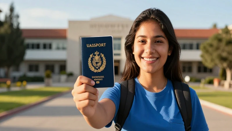 Joven mexicano sonríe con pasaporte en campus universitario