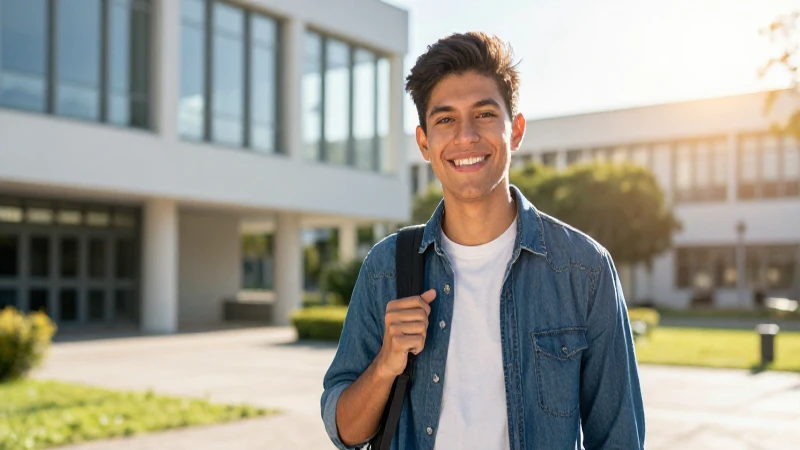 Joven mexicana sonriente en campus moderno