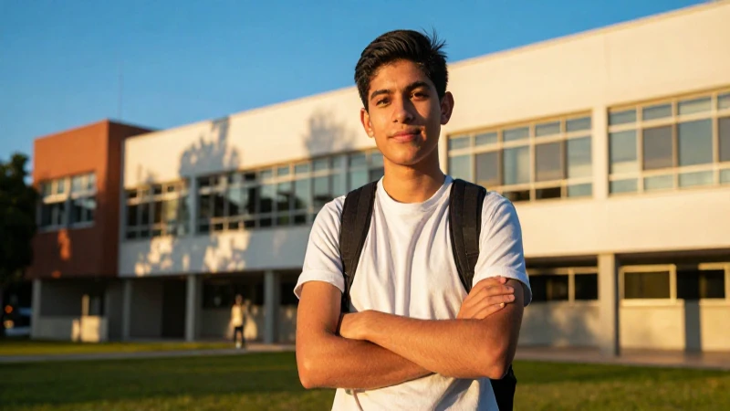 Estudiante mexicano en campus bajo luz dorada