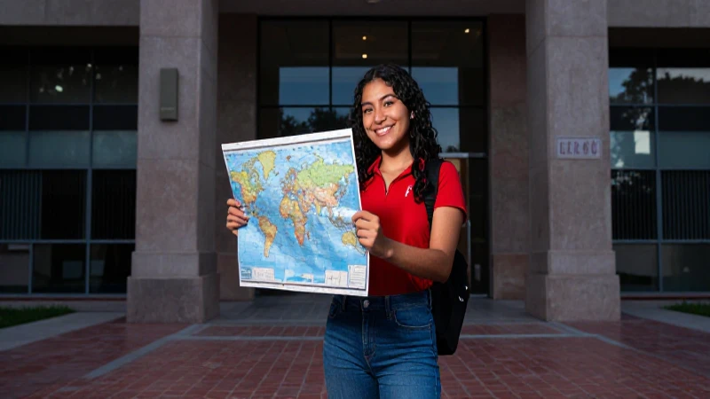 Estudiante mexicana con mapa sonríendo en campus