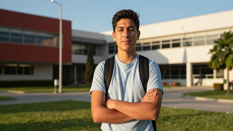 Joven estudiante mexicano en campus al atardecer