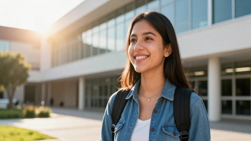 Estudiante mexicano sonriendo en moderno campus universitario