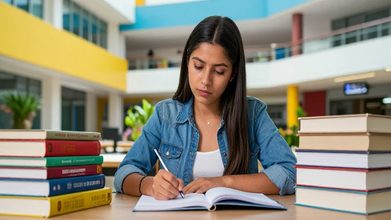 Madre mexicana estudiosa con libros en campus moderno