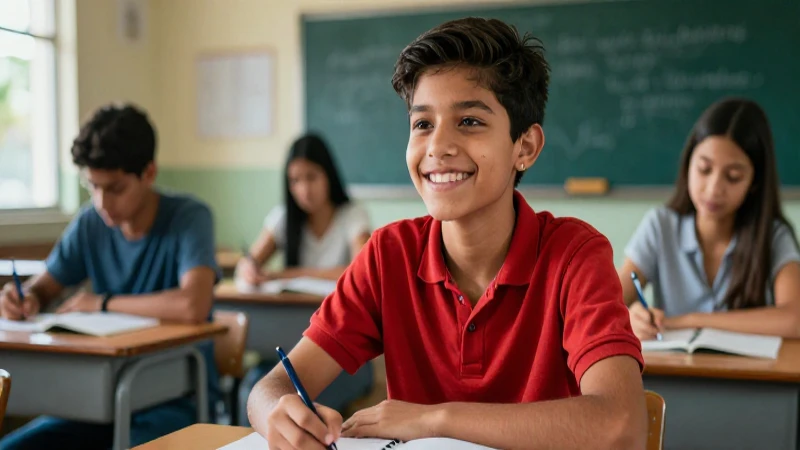 Estudiante mexicano concentrado en aula luminosa