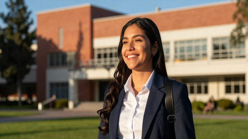 Estudiante mexicano alegre en campus universitario con iluminación dorada
