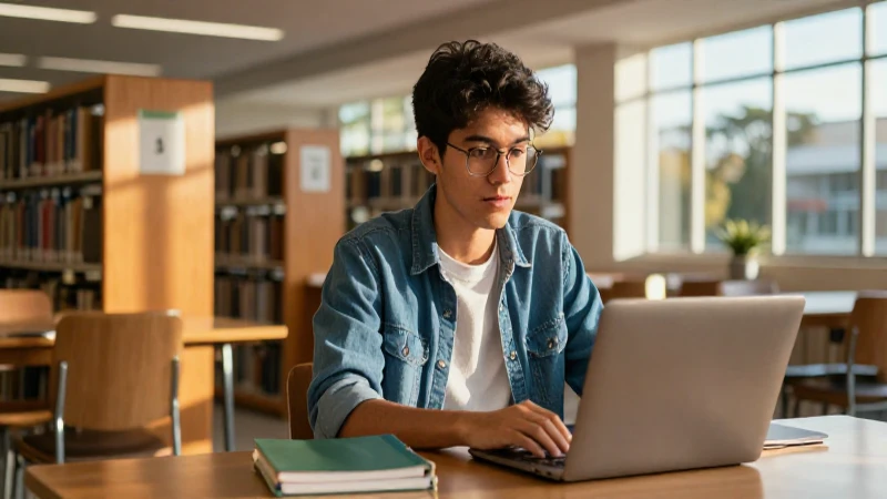 Estudiante mexicano decidido en biblioteca moderna