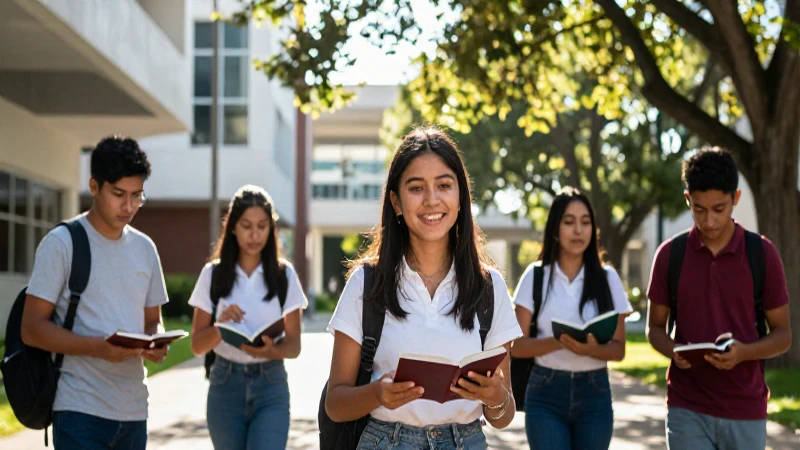 Estudiantes mexicanos vibrantes en campus moderno