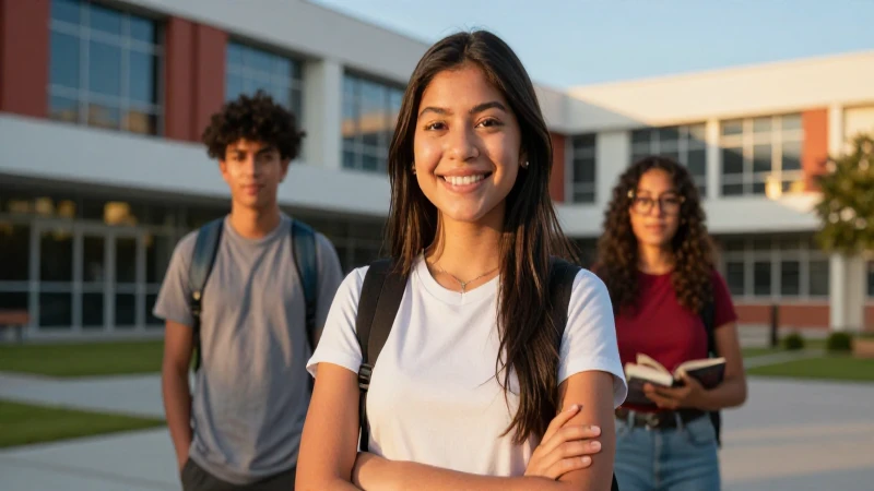 Estudiante mexicano sonríe en campus moderno al atardecer