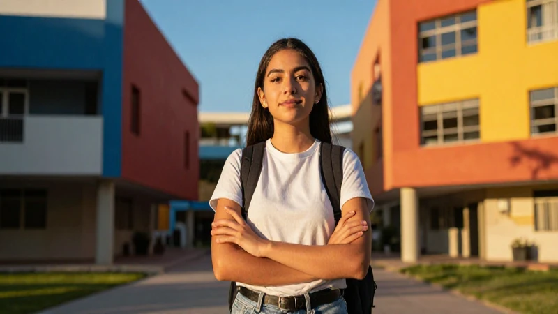 Estudiante universitario mexicano exitoso en campus moderno