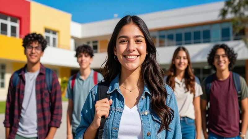 Estudiante mexicana sonriente en campus moderno