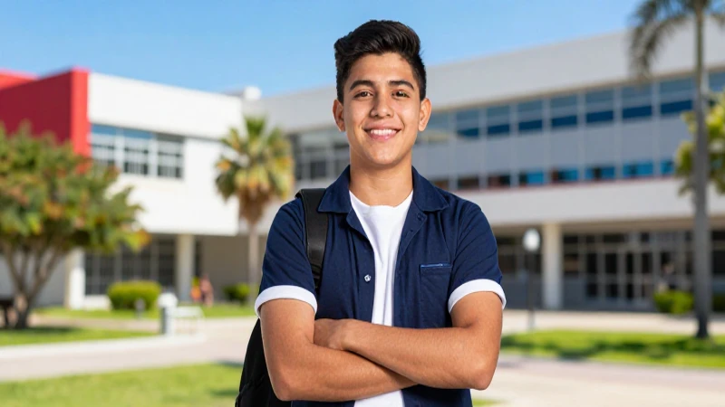 Estudiante mexicano, campus moderno, estética cinematográfica y vibrante