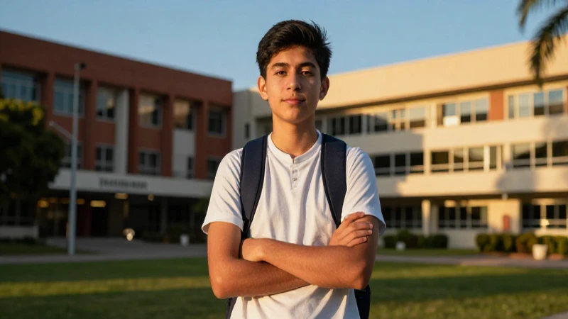 Estudiante mexicano en campus con luz dorada