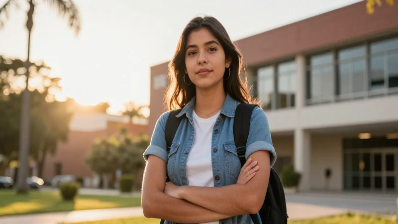 Estudiante mexicano victorioso en campus moderno