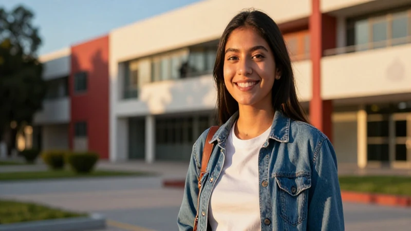 Estudiante mexicano sonriendo en campus moderno