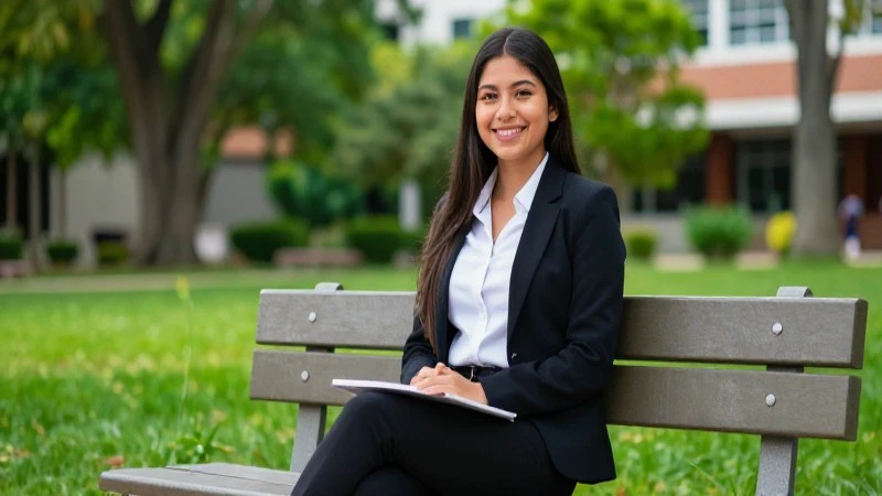 Joven estudiante mexicana sonríe en campus moderno