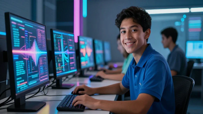 Cuáles son las becas disponibles para estudiar informática 55 Estudiante mexicano sonriente en laboratorio digital