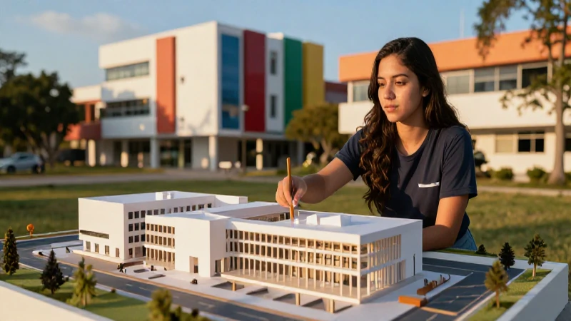 Estudiante de ingeniería diseña modelo arquitectónico en campus vibrante