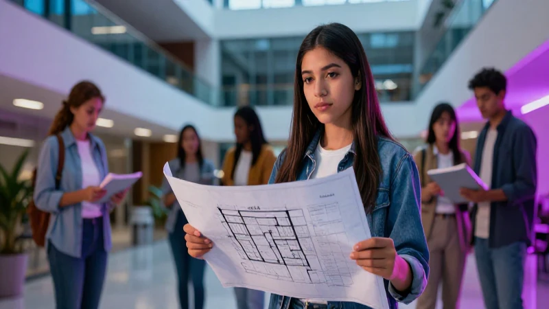 Estudiante mexicano con planos en campus moderno