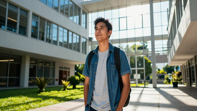 Estudiante ambicioso en campus, luz vibrante y cinematográfica