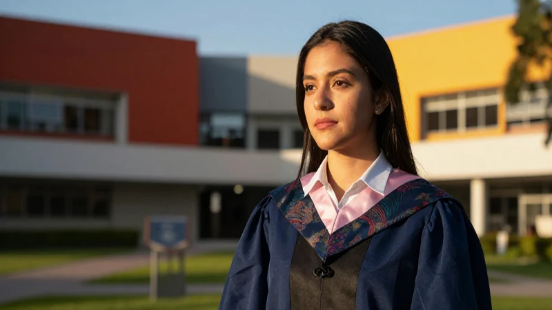 Madre mexicana académica en campus vibrante
