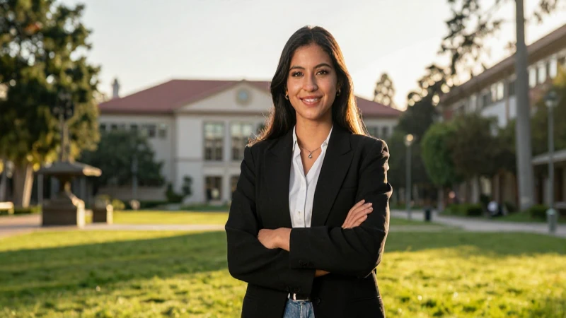 Joven mexicana académica en campus, luz dorada