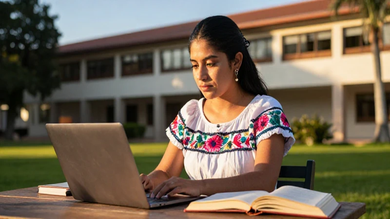 Joven estudiante mexicana estudia bajo luz dorada