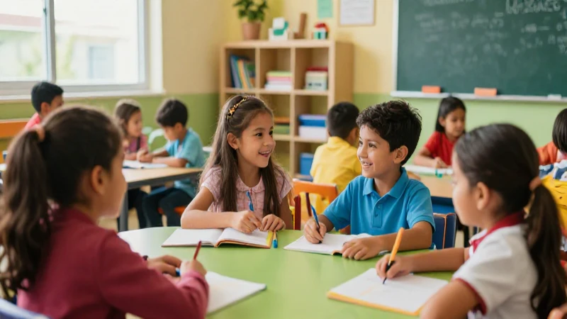Niños mexicanos felices aprendiendo en clase moderna